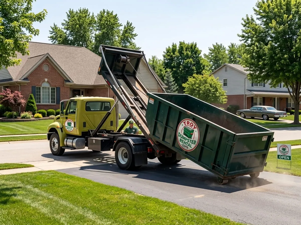 Troy Dumpster Rental Guys fleet of roll-off dumpsters and trucks in Troy, NY